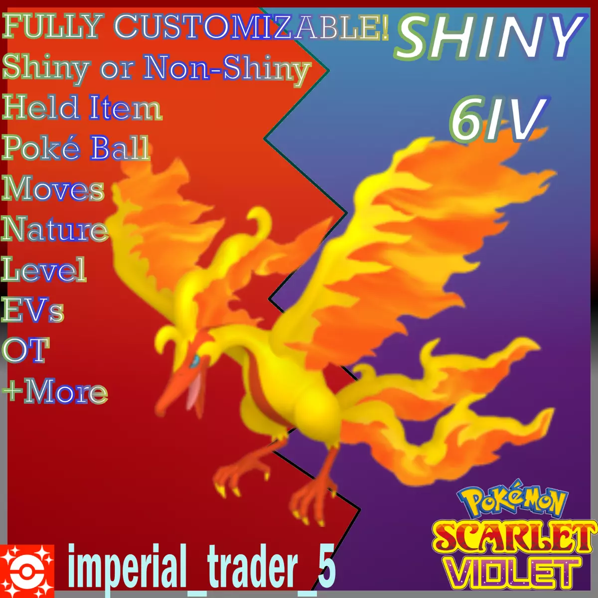 Pokémon Scarlet and Violet ✨SHINY✨ Moltres W/ Best 6IV + Customizable