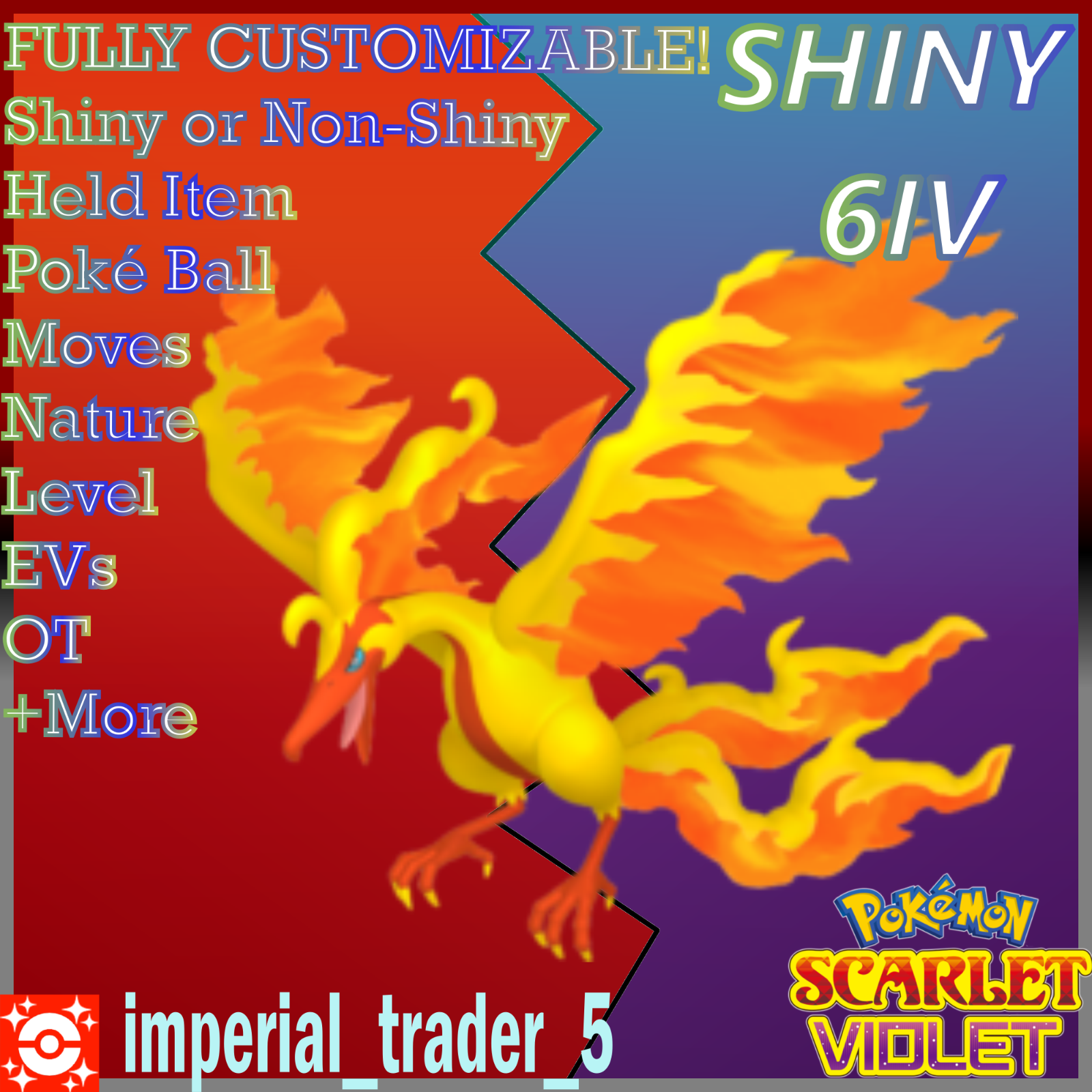 Pokemon Scarlet and Violet Shiny Galarian Moltres 6IV-EV Trained –  Pokemon4Ever