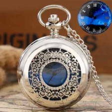 Exquise Starry Blue Dial Hollow Case Quartz Pocket Watch Roman Numerals Display
