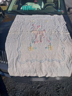 Vintage Chenille Crib Baby Spread Blanket White Pink Blue Deer Flowers 40x60