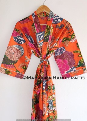 Women Cotton Tropicana Print Orange Lingerie Night Gown Sleepwear Kimono Robe