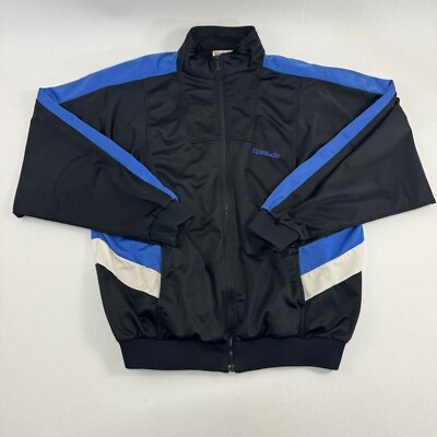 Vintage 80s Reebok Sport Black Blue Full Zip Logo Track Athletic Jacket  Mens XL