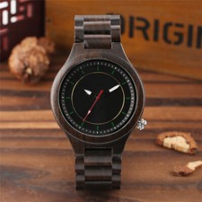 Men's Black Sandalwood Quartz Movement Wood Watch Red Second Hand Wooden Strap