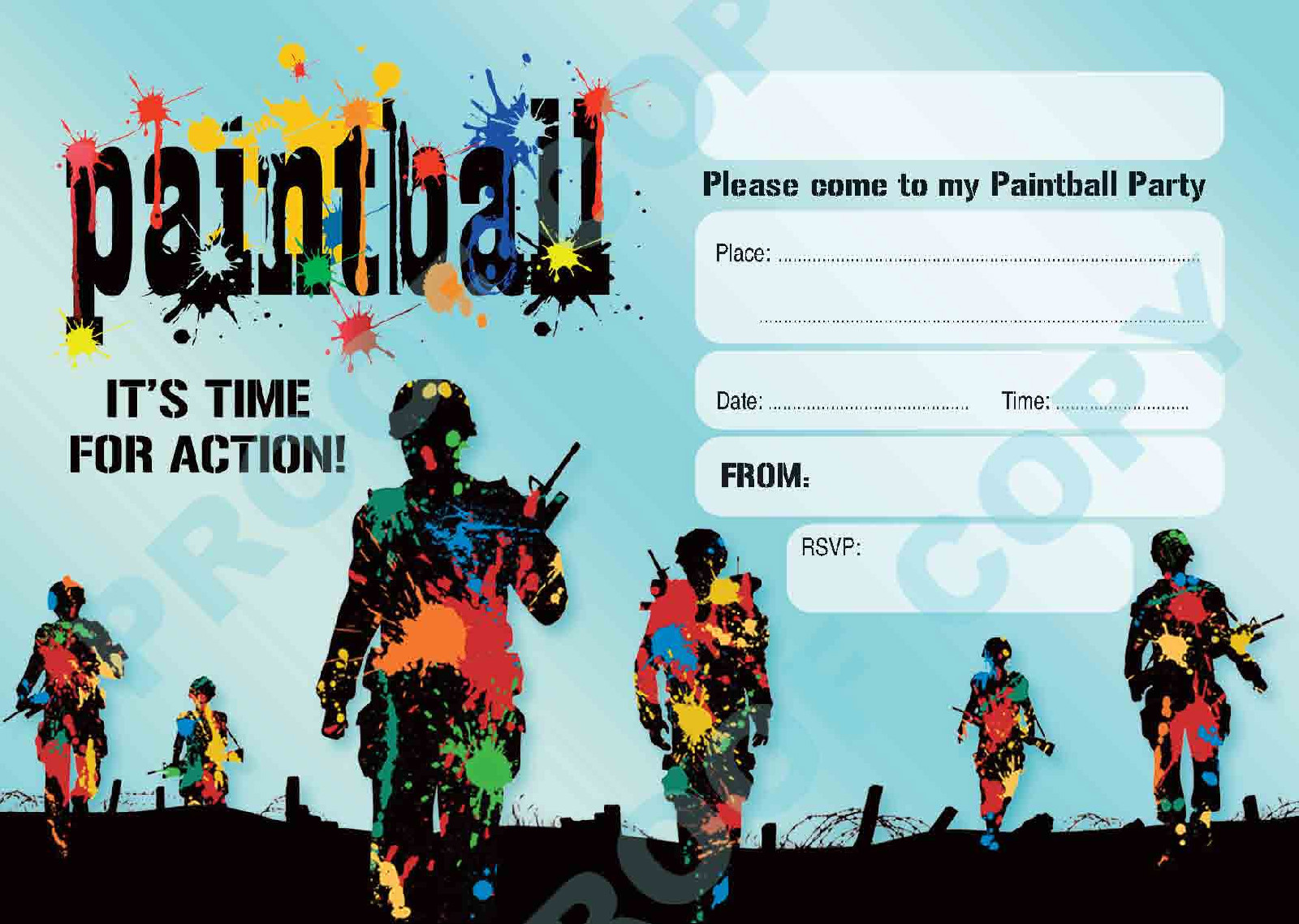 56 PAINTBALL PARTY Pack of 10 kids children birthday party INVITATIONS