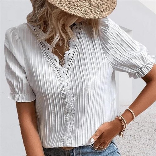 Womens V neck Summer Ladies T-Shirt Blouse Short Sleeve Tops Pullover Plus Size - Picture 8 of 13