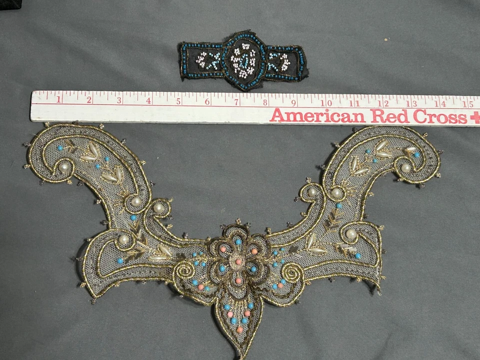 Lot vintage antique? Victorian Edwardian METALLIC Embroidered Lace Bead COLLAR - Image 2 of 4