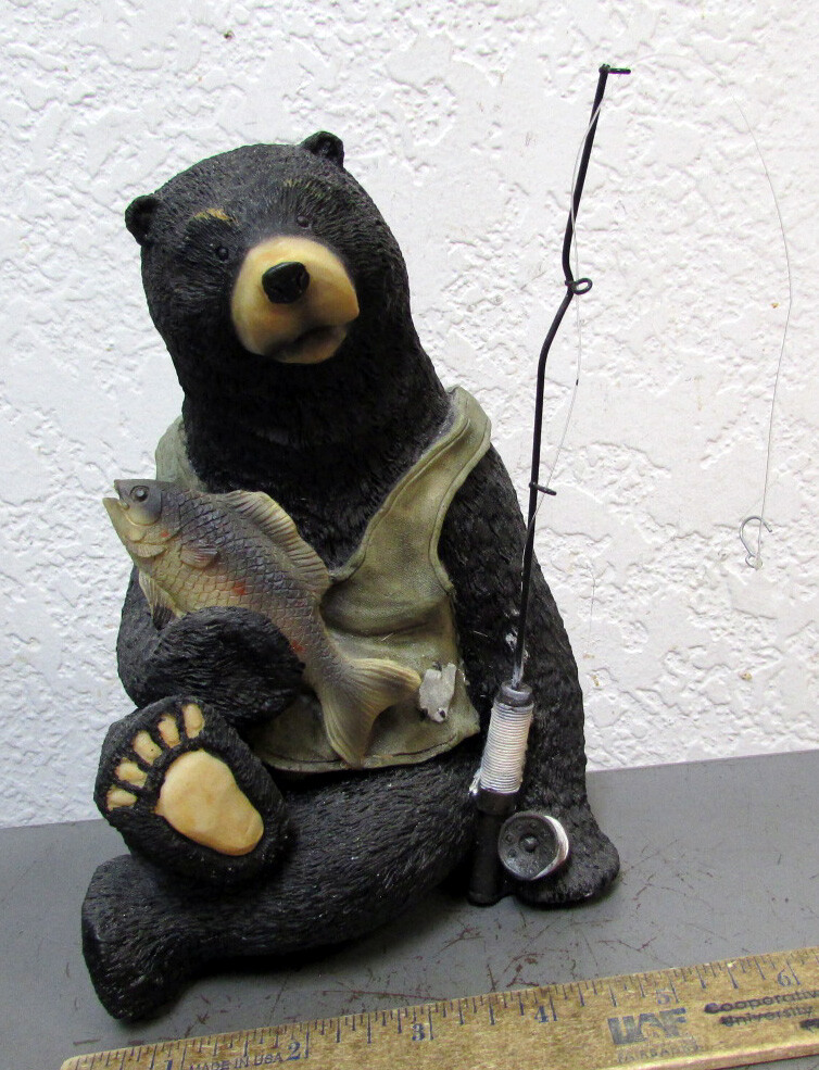 black bear with fishing pole Fishing Bear figurine, Black Bear Holding his Fish & Pole, Cute Collectible
