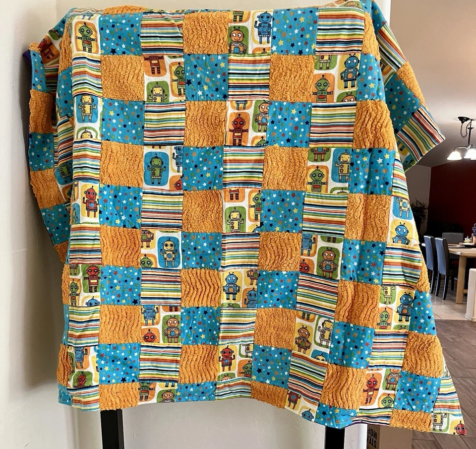 Handmade Custom Orange Blue Chanelle & Flannel Crib Quilt Featuring Robots - Image 3 of 4