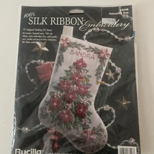 NEW 1996 Bucilla Silk Ribbon Embroidery Stocking Kit Poinsettia Tree 83548