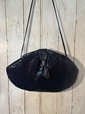 Vtg Navy Mesh Leather Chainmail Oversized Clutch Bag Shoulder Strap Purse
