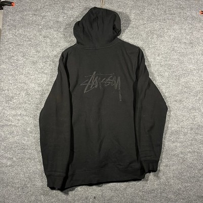Stussy Zip Up Hoodie Mens XL Black Embroidered Spell Out Graphic Vtg