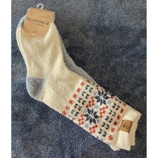 Bearpaw 2 Pair Cozy Crew Socks Blue Fair Isle Snowflake Fuzzy Soft NWT Size 5-10