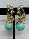 Miriam Haskell Green Glass Drop Earrings Gold Tone Floral Clip On Signed