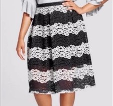 Lace Skirt Women Sz 4 Black White Floral Stripe Midi Pleat Whimsy Fairy Romantic