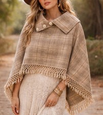 Vintage 1970s Wool Poncho Fringe Button High Collar Boho Cape One Size Tan