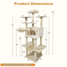 63  Large Cat Tree for Indoor Cats w/Plush Top Perch, Condo, Hammock, Basket Bed