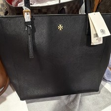 Tory Burch Black Pebbled Tote Zip Top Gold Lo...
