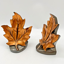 PM Craftsman Brass Bookends Maple Leaf Mid Century Modern Made In USA 1950s 99B