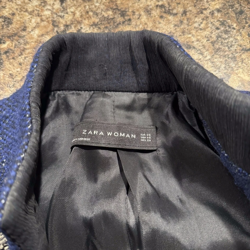 Zara Blazer Tweed Wool Military Academia Old Money Preppy Classic Y2K Blue XS - Image 3 of 4