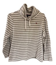 TOMMY HILFIGER Sport Women s Gray White Striped Cowl Neck Sweatshirt L