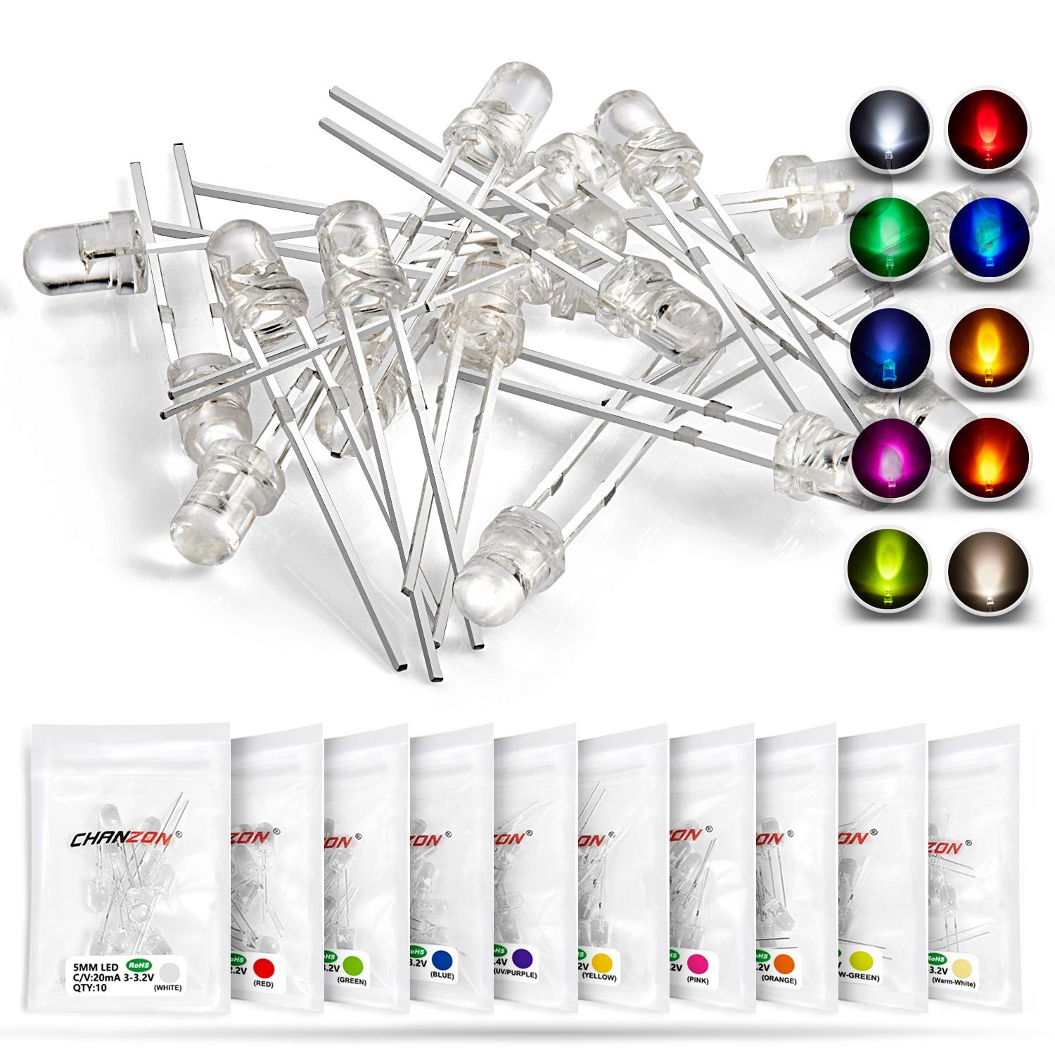100pcs 10 Colors x 10pcs 3mm LED Diode Lights Assortment Clear Transparent Le