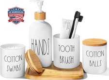 White Bathroom Accessories, 5 Pcs Glass Bathroom Accessory Set with Bamboo Tray,
