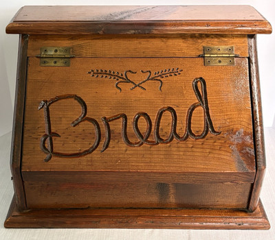 Solid Wood Bread Box-Carved Script  Bread  & Wheat Motif-18Lx12Hx11.25W-1950s