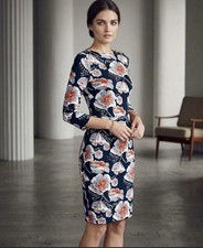 Tory Burch Sheila silk jersey sheath dress blue floral gold buttons stretch S