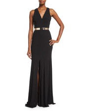 David Meister ~ Black V-Neck Cutout Back Leg Slit Sheath Formal Gown 12 NEW $575
