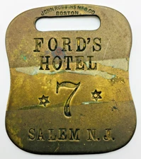 Ford's Hotel Brass Baggage Tag Railroad Type Salem New Jersey 1890's Era