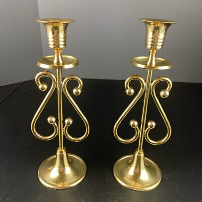 2062A Set of TWO Vintage Solid Brass Lacquered Candlestick Holders 9.75'' Tall
