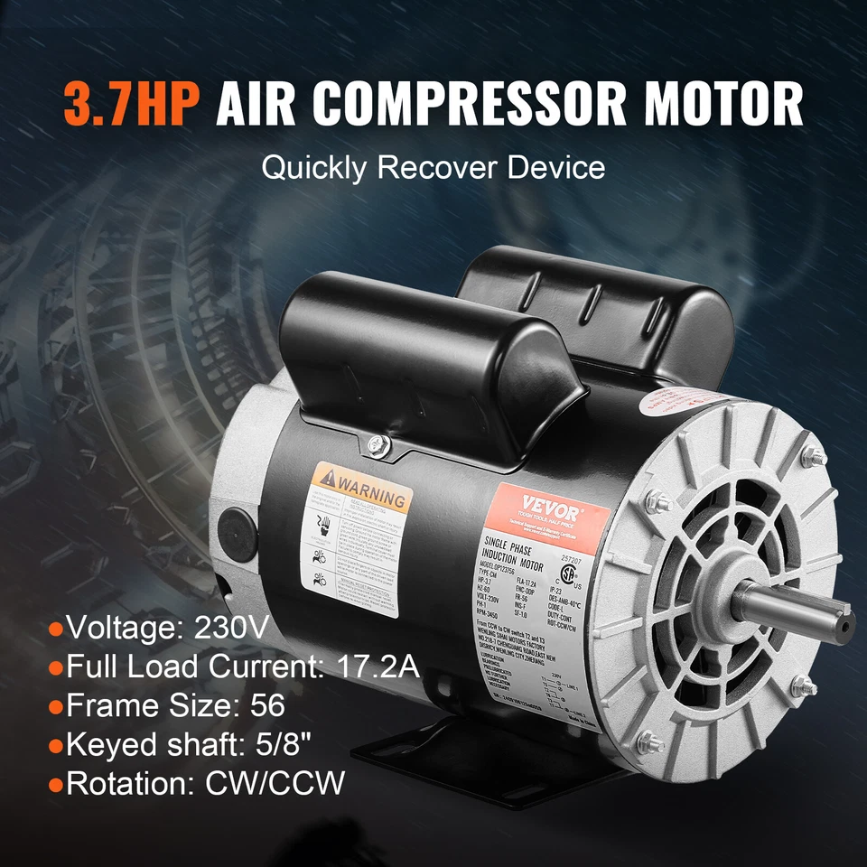 3.7HP Air Compressor Electric Motor 230V 17.2A 3450RPM 56 Frame CW/CCW Rotation - Image 2 of 4
