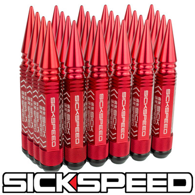 SICKSPEED 24 PC RED 5 1/2'' LONG SPIKED STEEL EXTENDED LUG NUTS RIMS 14X1.5