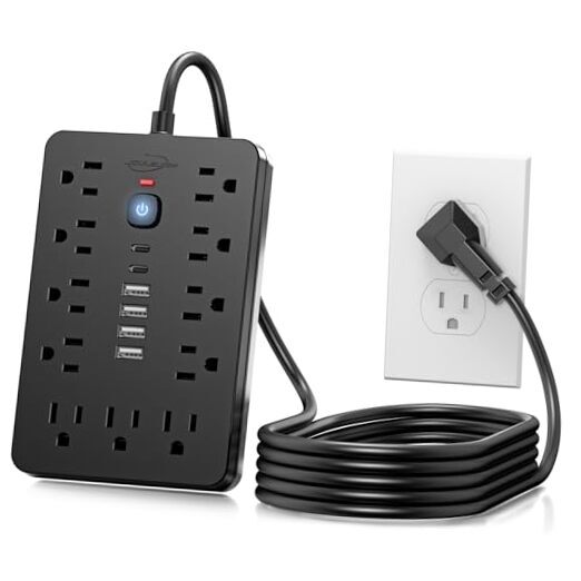 Flat Plug Surge Protector Power Strip,11 Multiple AC Outlets with 6 6 FT Black