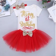 My 1st Birthday Tutu dress with headband Baby Girls red white gold short sleeve