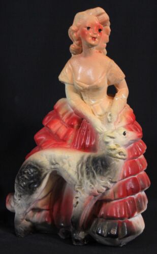 Vtg Chalkware Plaster Figure Lady with Show Dog Big Dress Carnival Prize 40s 50s - Afbeelding 1 van 10
