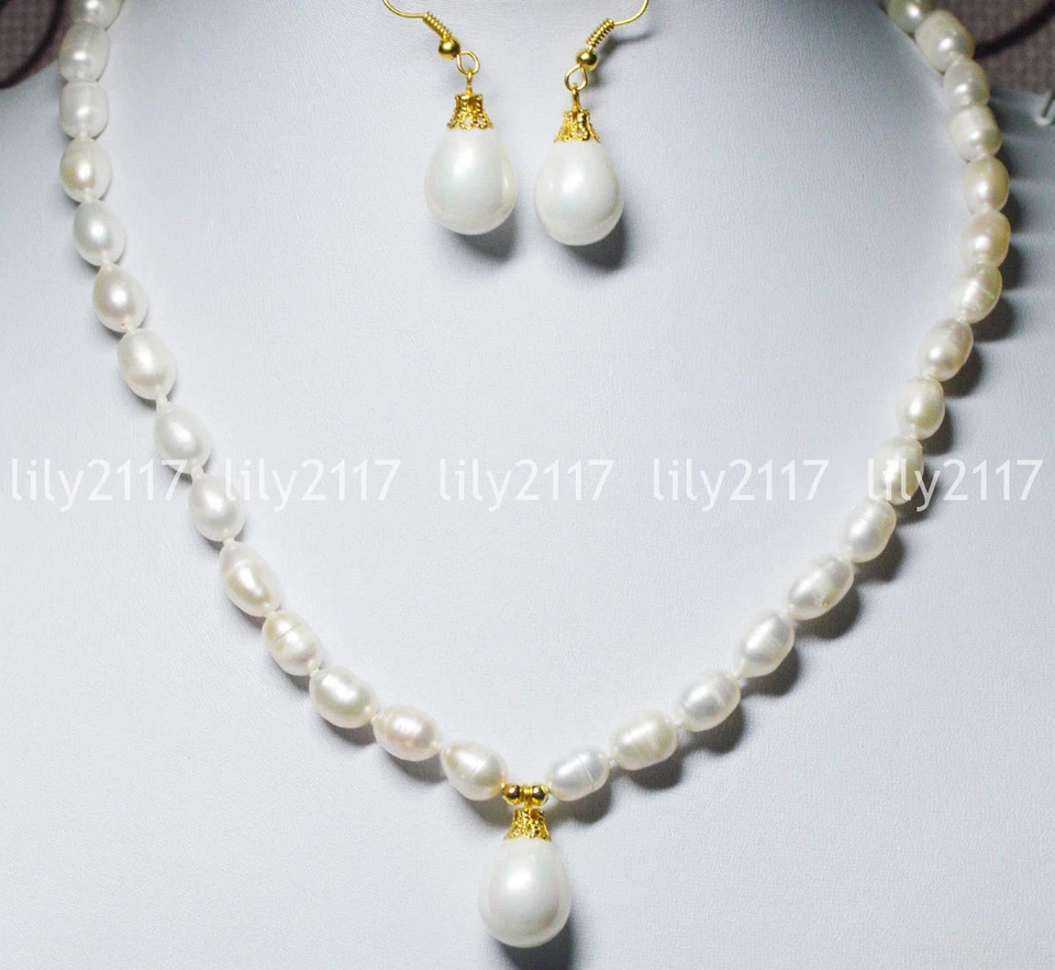 Bonito conjunto de pendientes colgantes de perlas con concha de perlas cultivadas blancas de 7-9 mm de 18"" Foto 2 de 4