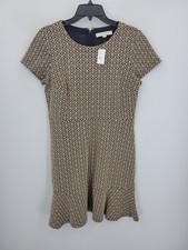 Ann Taylor Loft Dress Womens 8 Tan Blue Print Knit Short Sleeve Flared Career