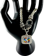 Autism Jigsaw Square Charm Bracelet Silver Tone Braided Chain Rhinestones 7.5"