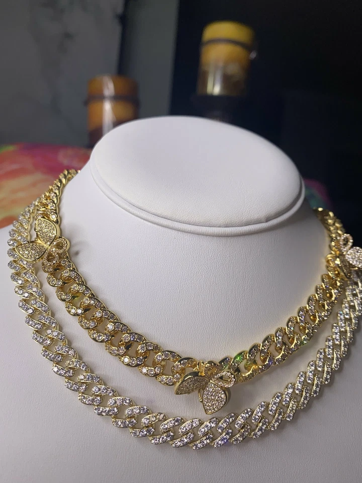 Juego de 2 piezas gargantilla de tenis mariposa cubana dorada, collar mariposa tenis circonita, Foto 2 de 4