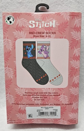 Disney Stitch Valentine's Day Women's Mid-Crew Socks 2-Pair Set Shoe Size 4-10 - Picture 3 of 9