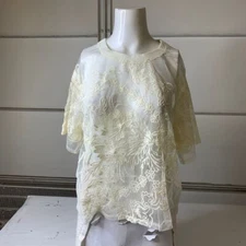 ANTHROPOLOGIE Short-Sleeve Embroidered Mesh Top Women's Size M Talc