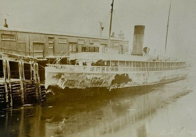 Passenger Ferry Boat Covered In Ice At Dock B&W Photograph 3.25 x 5.5