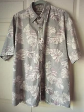 Men's Hawaiian Shirt Large Tropical Leaves Cooke Street Button Island Aloha Gray