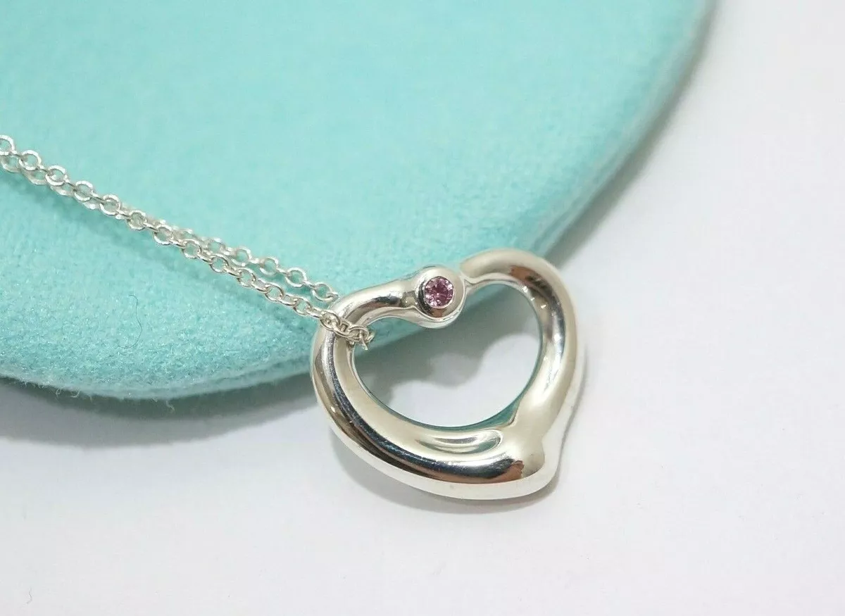 Tiffany Co. Sterling Silver Pink sapphire Open Heart Necklace 16