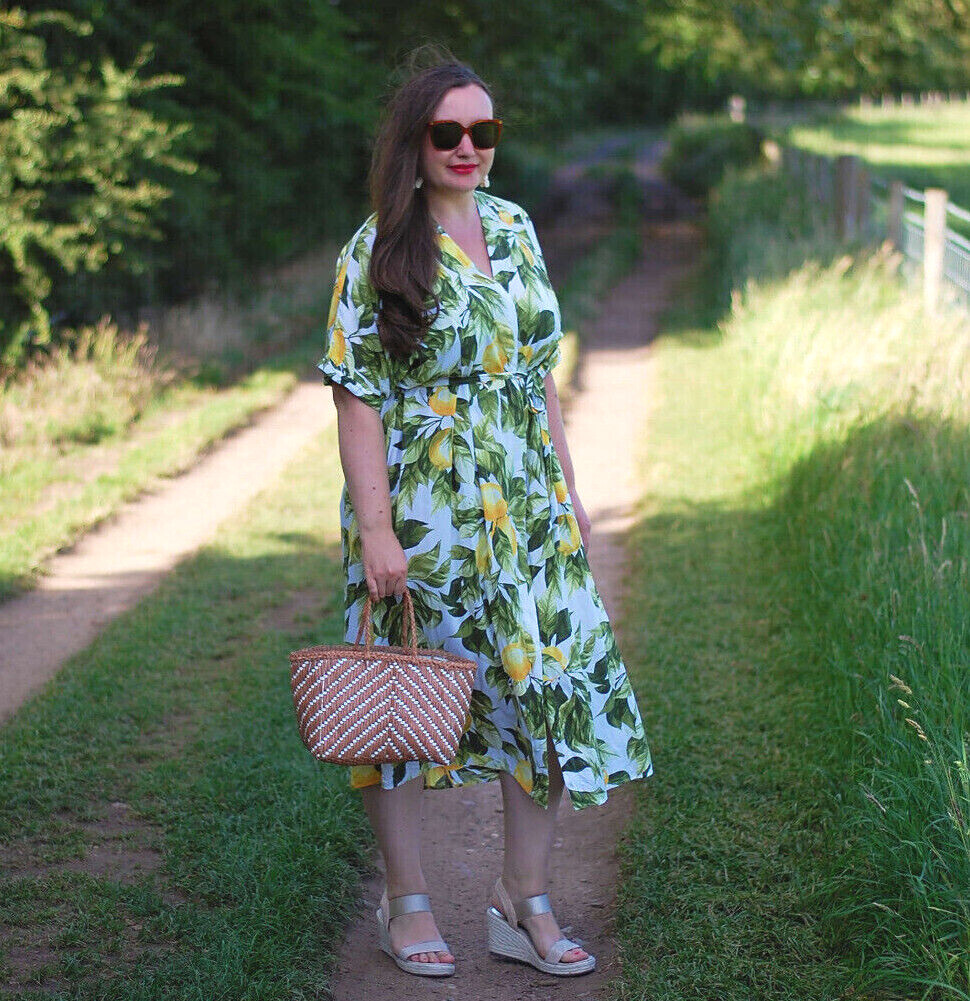 H&M Of White Green Lemon Print Midi Belted Kaftan Shirt Dress Size M 12 14  16 18 | eBay