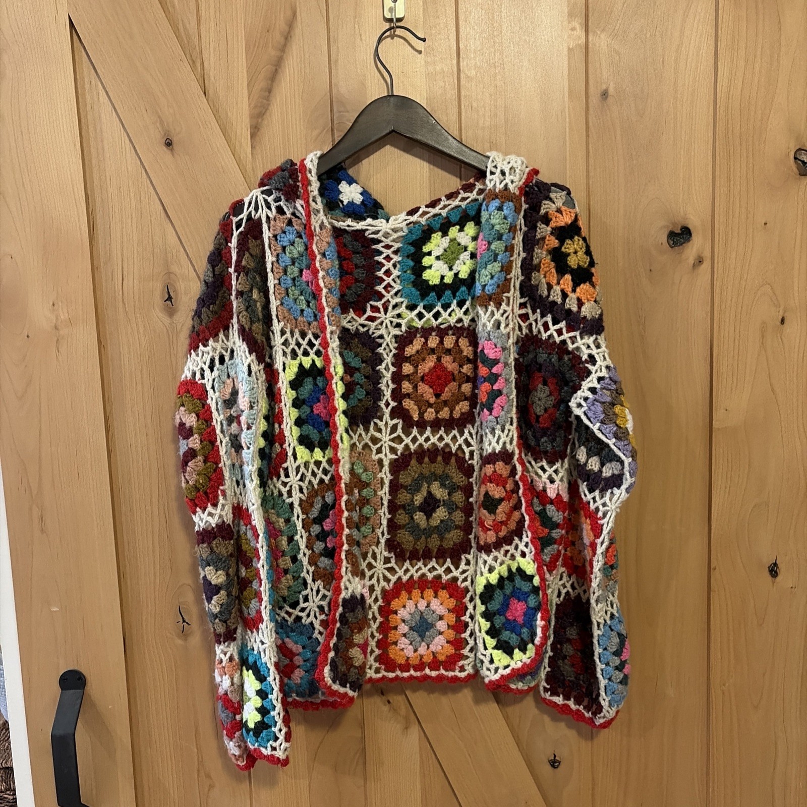 Handmade Vintage Hood Crochet Cardigan Granny Square Retro Hippie Boho Festival