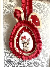 Wunderschöner Osterhase Holz-Rüschen-Rot / Weiß 30cm