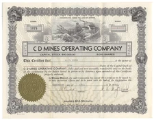 C D Mines Operating Company Stock Certificate (Arizona, Dated 1940)