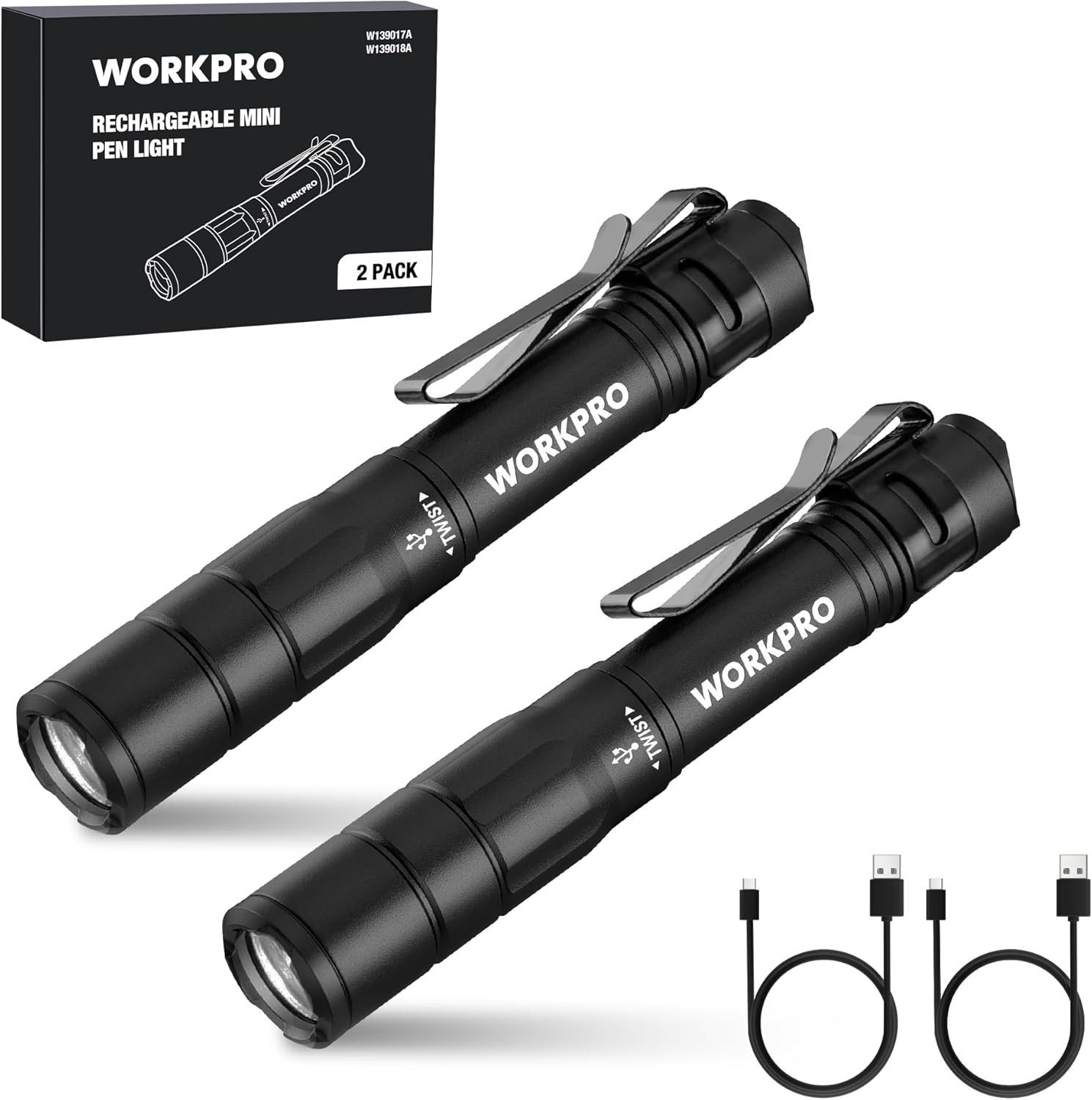 WORKPRO Rechargeable Pen Light, Mini Flashlight, 2 Pack Ultra-Compact Black 
